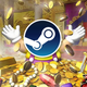 The Steam logo on a picture of Wario partying in a large pile of gold.